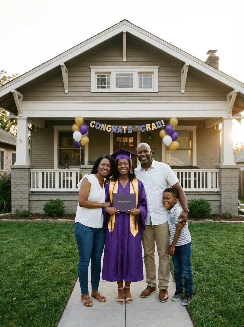 Smiling graduate in purple gown and cap stands with family outside a house decorated with Congrats Grad banner.