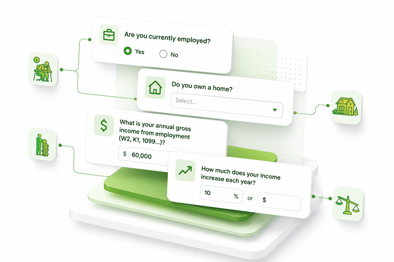 Four of the questions Living Ledger asks: whether you are employed, whether you own a home, your annual income and how much it grows each year