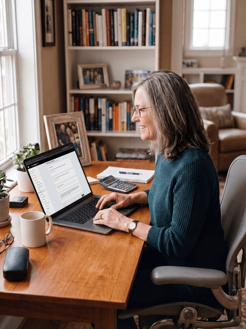 Smiling woman with glasses working on laptop at wooden desk in cozy room with bookshelves.